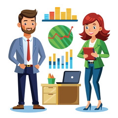 Two vector characters are discussing financial trading surrounded by charts graphs and a laptop in a contemporary office environment