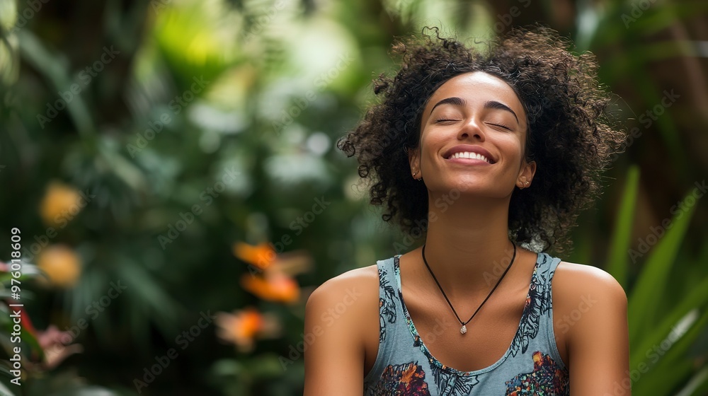 Canvas Prints Smiling woman meditating with eyes closed in garden