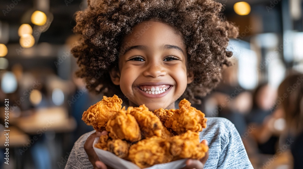 Aufkleber A child enjoying fried chicken in the school cafeteria, surrounded by friends and chatting while eating. The setting is lively and filled with the sounds of happy children. Large space for text in