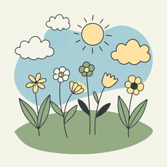Fototapeta premium Adobe Illustrator ArtStunning Vector of Beautiful Flowers in a Flower Bed with Clouds and Sunwork