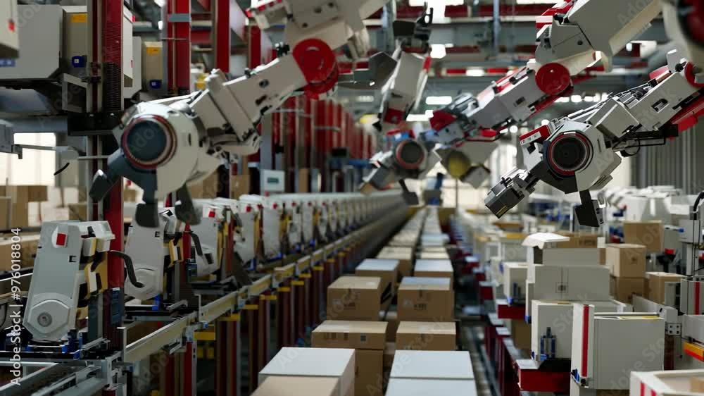 Poster a high-tech warehouse showcases robotic arms sorting and packaging cardboard boxes in a well-lit, st