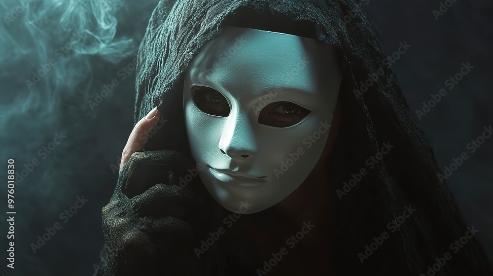 Sticker Mysterious woman holding white mask in dramatic lighting