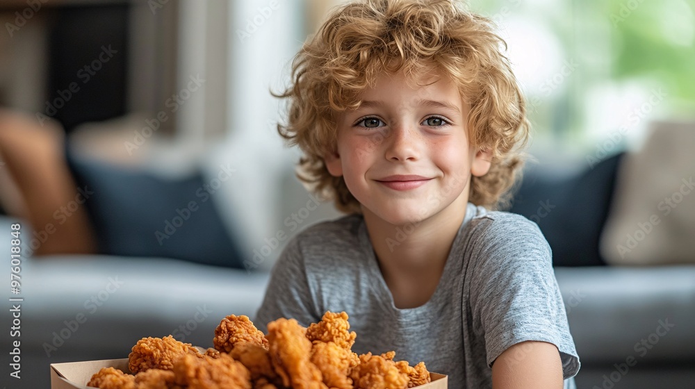 Poster a child sitting cross-legged on the floor with a box of fried chicken, focused on their meal while w