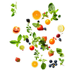 Obraz premium Brightly colored fruits and herbs arranged artistically on a transparent background showcasing vibrant natural elements in a creative layout