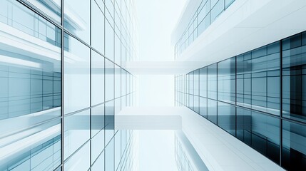 Fototapeta premium A low angle view of a modern glass and steel office building with a bright blue sky and white clouds in the background.
