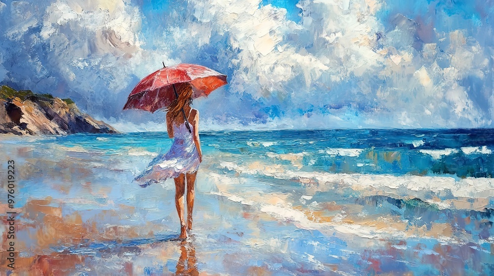 Poster Woman walking on beach with umbrella impressionist painting