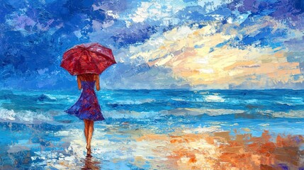 Woman walking on beach with umbrella impressionist painting 