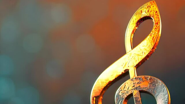 A close-up of a golden treble clef sculpture, illuminated against a softly blurred blue background. intricate engravings reflect light, embodying music and artistry for various creative uses.