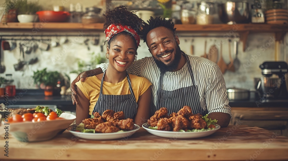 Poster a couple enjoying a casual lunch at home, sitting side by side at the kitchen counter with plates of