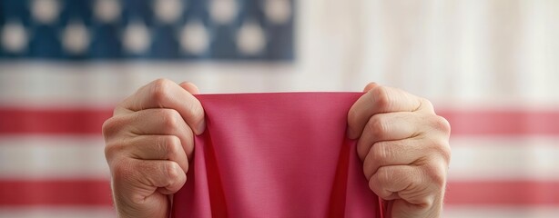 Close-up of a voting booth curtain being pulled closed by a voter, privacy, voting in action