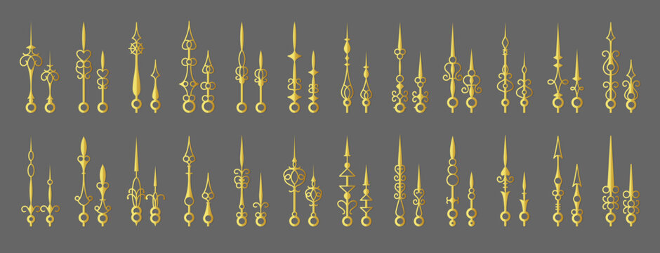 Clock hands. Vintage second and minute decorative arrows antique clock pointers recent vector cartoon template set