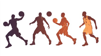 basketball players silhouettes. basketball players playing with ball, five basketball players silhouette on white background 