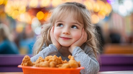 Fototapeta premium A young girl at a carnival, sitting at a picnic table and eating fried chicken, with bright lights and rides in the background. The scene captures the excitement and fun of a day out. Large space for