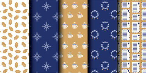 Set of Christmas vector seamless pattern. Merry Christmas and Happy New Year. Christmas symbols background. Vector gold and blue seamless illustration