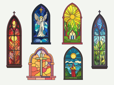 Church stained windows. Mosaic of colored glass, biblical theme, beautiful church frames, pointed and arched, spiritual symbols, gothic style, catholic ornament vector isolated on white set
