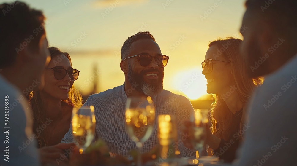 Poster a group of friends having a picnic at sunset with fried chicken and drinks, talking and laughing whi