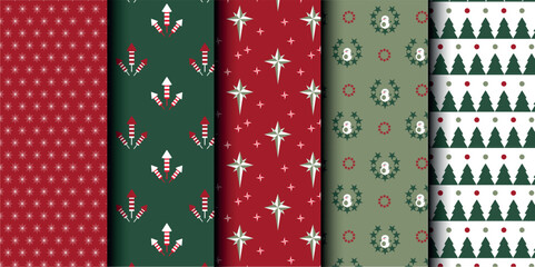Set of Christmas vector seamless pattern. Merry Christmas and Happy New Year. Christmas symbols background. Vector red and green seamless illustration