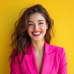 A beautiful woman with long dark hair and a bright smile is wearing a pink blazer against a yellow background.