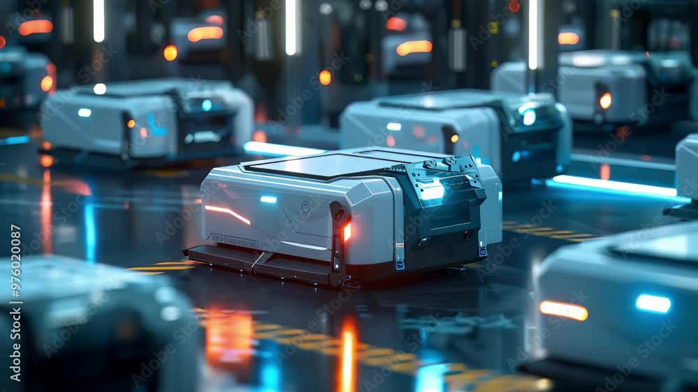 Aufkleber a striking high-tech warehouse a sleek, illuminated transport robot on a glossy floor. additional ro