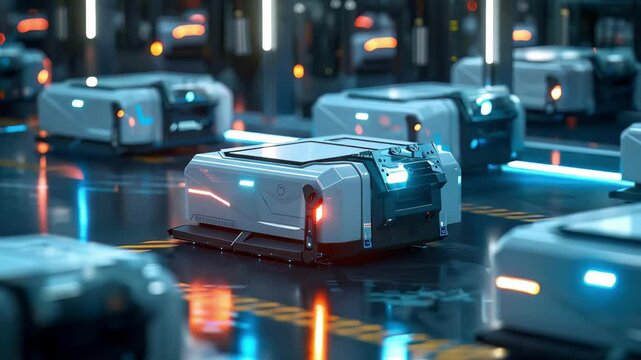 A striking high-tech warehouse a sleek, illuminated transport robot on a glossy floor. Additional robotic units in the background highlight innovation and automation.