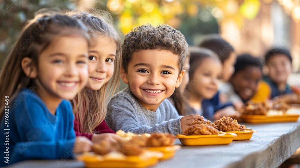 Poster a group of kids playing outside, taking a break to enjoy fried chicken at a picnic table. their clot