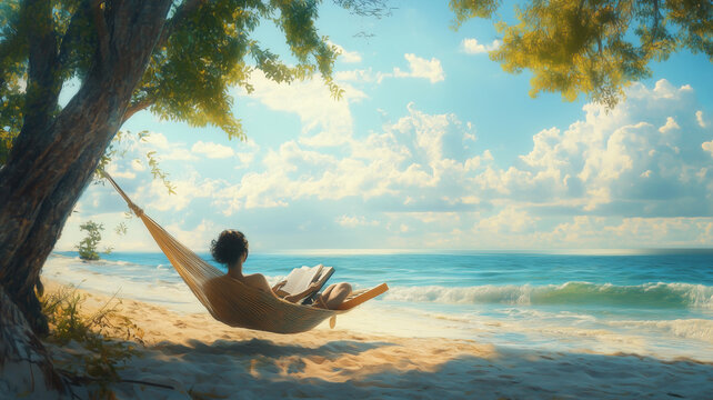 National Relaxation Day, a person lounging in a hammock by the beach