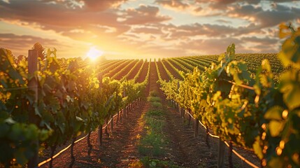 Naklejka premium Vineyard Rows at Sunset with Golden Sunlight Filtering Through the Leaves
