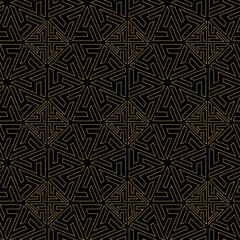 Abstract geometric pattern with crosses, stripes, lines. Seamless vector background. Black and gold ornament. Modern reticulated graphic design.