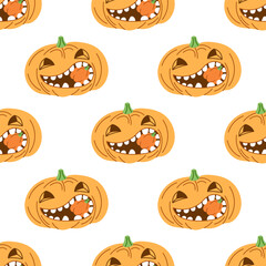 Vector flat style Halloween seamless pattern. Hand-drawn scary pumpkins. Element for labels, packaging and cards design.