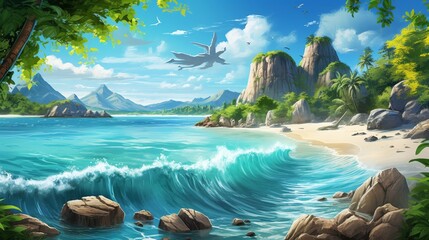 Scenic tropical beach with palm trees and azure sea or serene mountain lake with alpine peaks