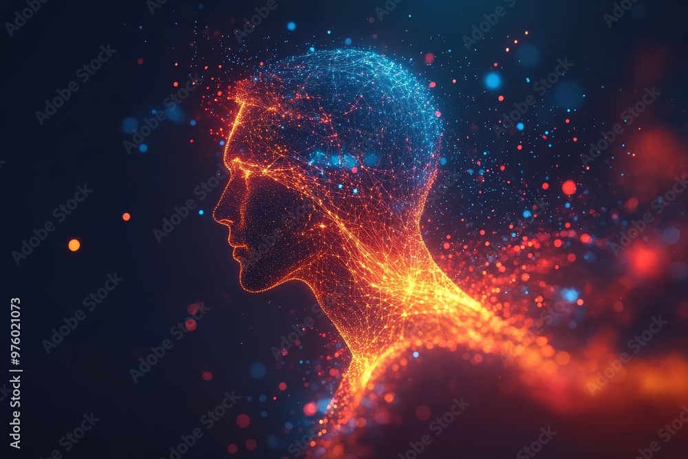 Poster abstract figure dissolving into fiery glowing particles symbolizing energy transformation and imagin
