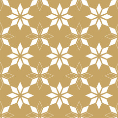 Abstract geometric pattern with crosses, stripes, lines. Seamless vector background. White and gold floral ornament. Modern reticulated graphic design.