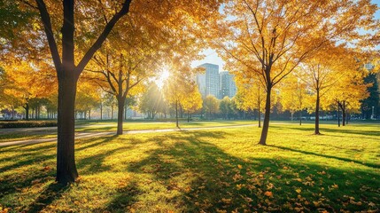 A park with trees and a path in the foreground, a city skyline in the background, and sunlight filtering through the leaves.