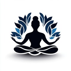 Silhouette of a meditating woman surrounded by leaves, symbolizing peace, mindfulness, and spiritual connection. yoga logo