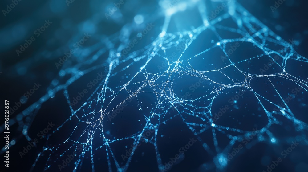 Poster thin, glowing threads crisscrossing in a web-like pattern on a deep blue background.