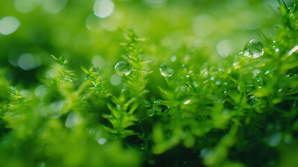 A macro shot capturing the delicate beauty of dew drops glistening on blades of grass, creating a refreshing and vibrant scene