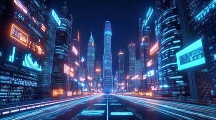 Fototapeta premium A vibrant futuristic cityscape at night featuring neon lights and towering skyscrapers, capturing the essence of modern urban life.