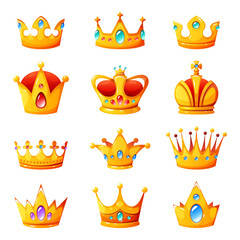 Cartoon crowns. Golden royal authority symbols with jewels, king, queen and princess tiaras, imperial coronas, medieval diadem, prince coronation, heraldic elements, vector isolated set