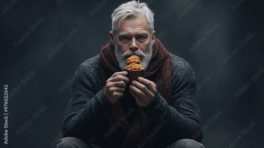 Poster an elderly man taking a bite of fried chicken, clearly savoring the moment. his relaxed posture and 