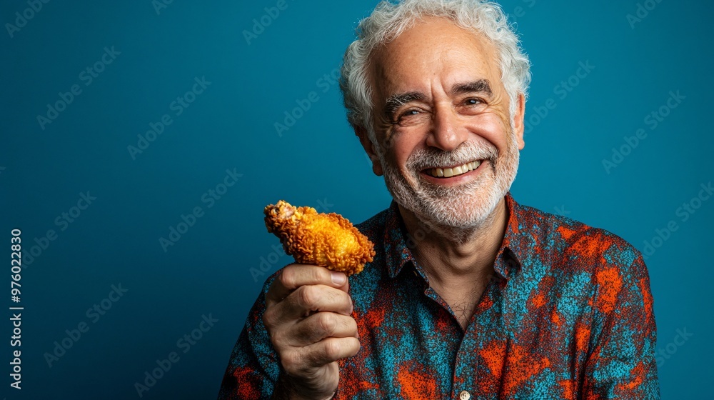 Poster a middle-aged man laughing with a piece of fried chicken in hand, showing the casual and joyful side
