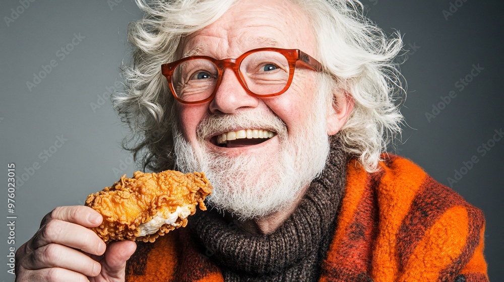 Poster a middle-aged man laughing with a piece of fried chicken in hand, showing the casual and joyful side
