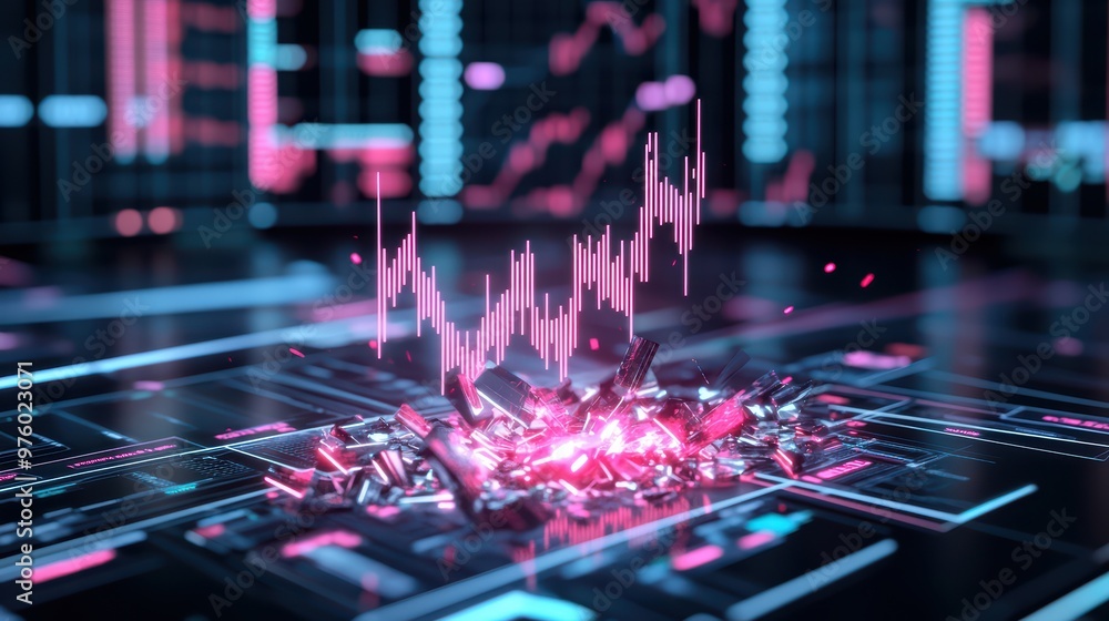 Poster digital financial data visualization featuring a vibrant chart amidst a futuristic backdrop, represe