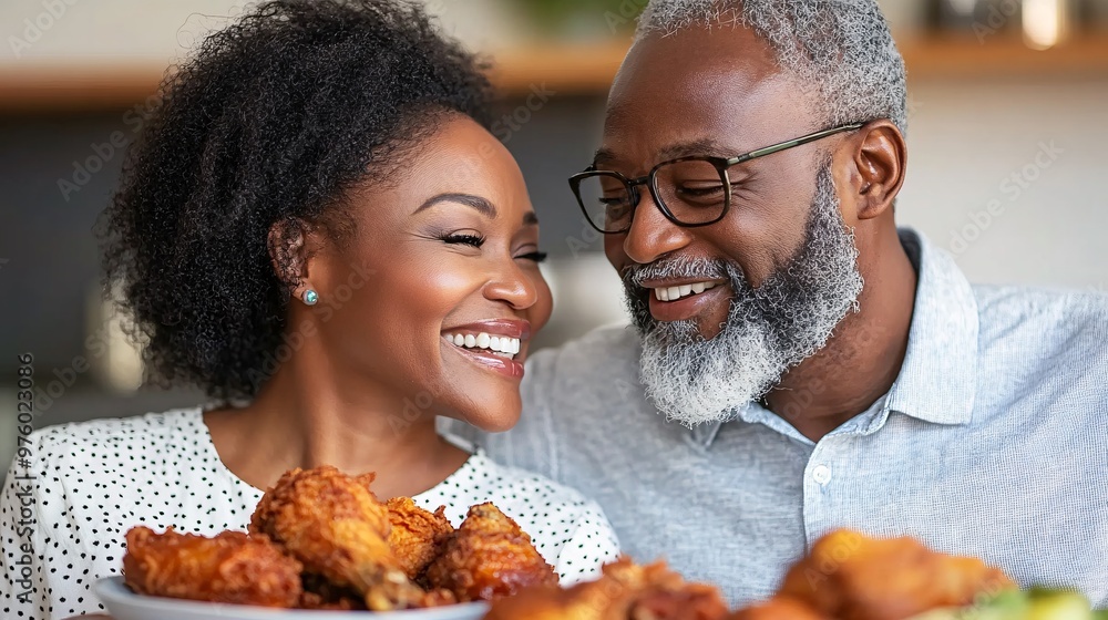 Aufkleber An elderly couple smiling at each other as they share a meal of fried chicken. The warmth in their expressions and the simple studio background make the focus on their connection and the food. Large