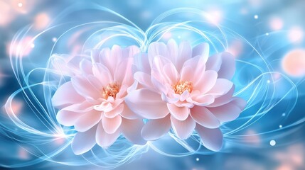 Delicate pink flowers bloom against a soft blue background, creating a serene and dreamy atmosphere with gentle light and swirls.