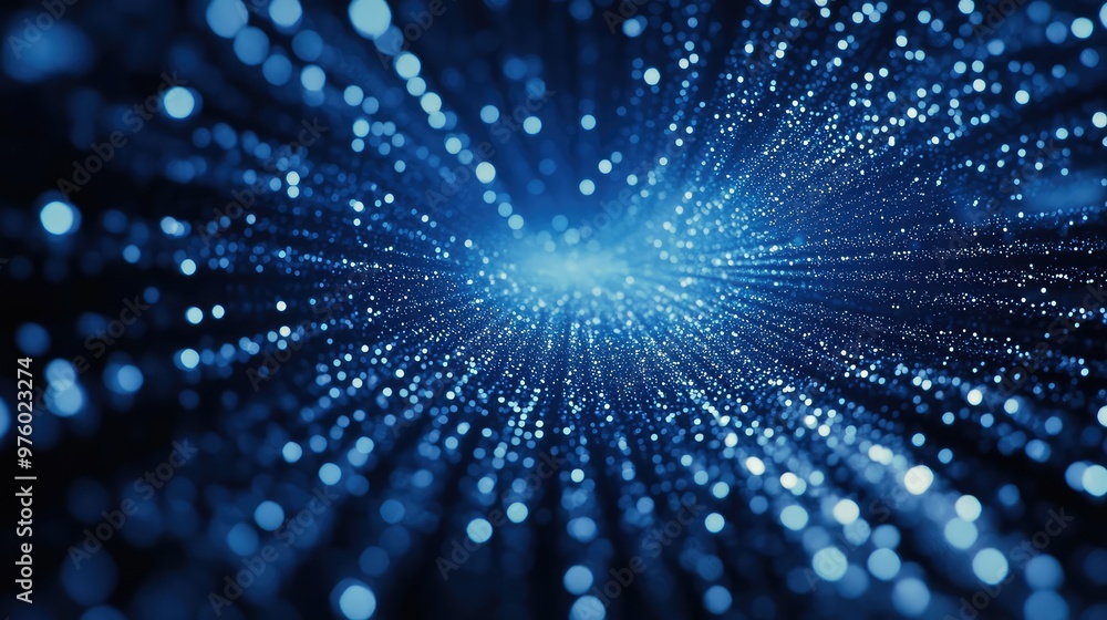 Poster pulsating dots of light spreading in a radial pattern, resembling digital raindrops.