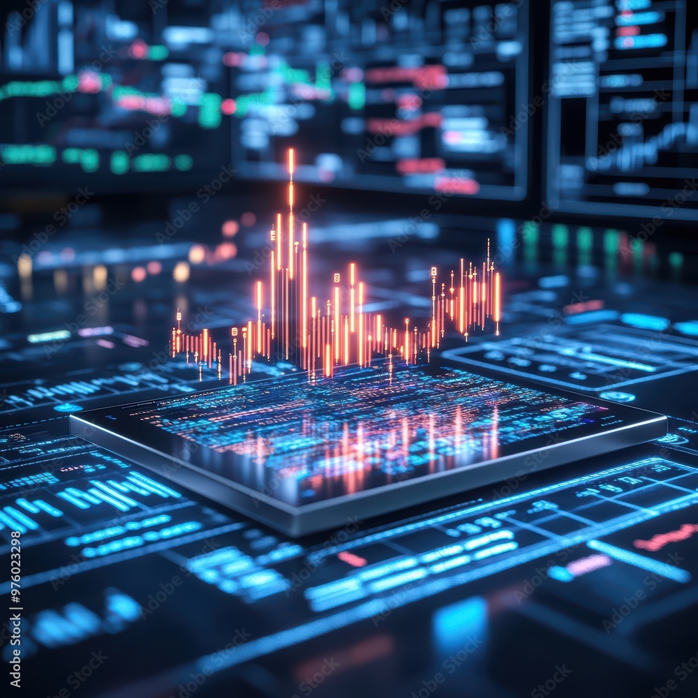 Poster dynamic financial data visualization on a digital screen, showcasing vibrant graphs and analytics fo