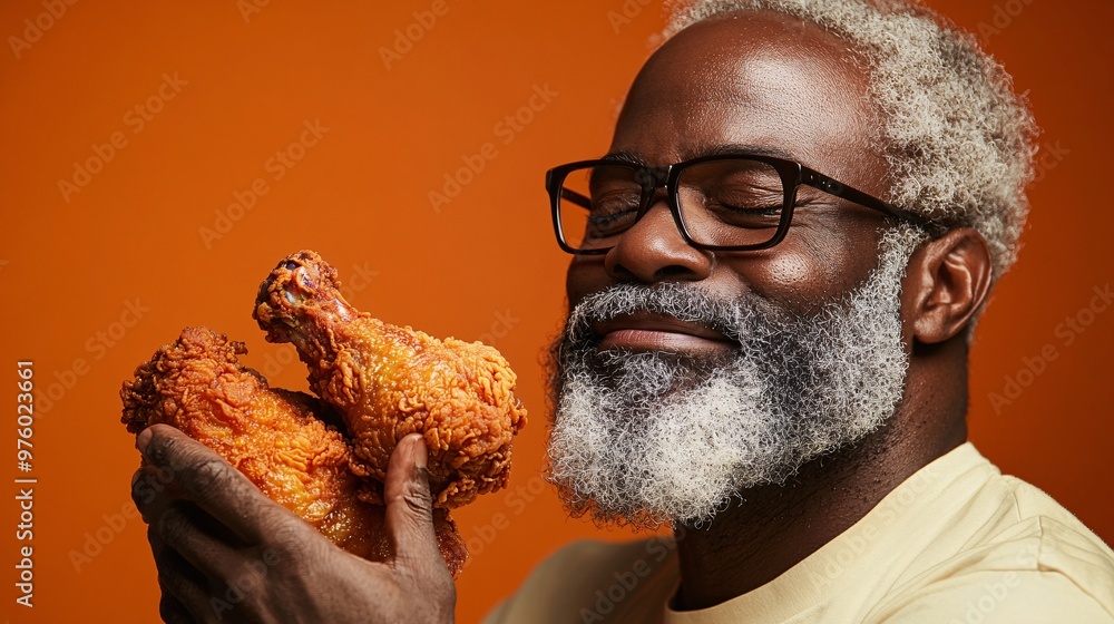 Aufkleber a middle-aged man savoring the taste of fried chicken, his eyes closed in contentment. the lighting 