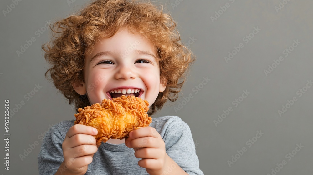 Poster a child sitting at a table in a professional studio, gleefully holding a piece of fried chicken with