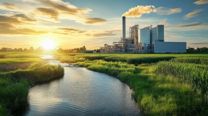 Fototapeta premium Industrial Power Plant at Sunset by River, featuring a grain storage silo, green grass, flowing stream, and vibrant blue sky, highlighting the blend of nature and industry.