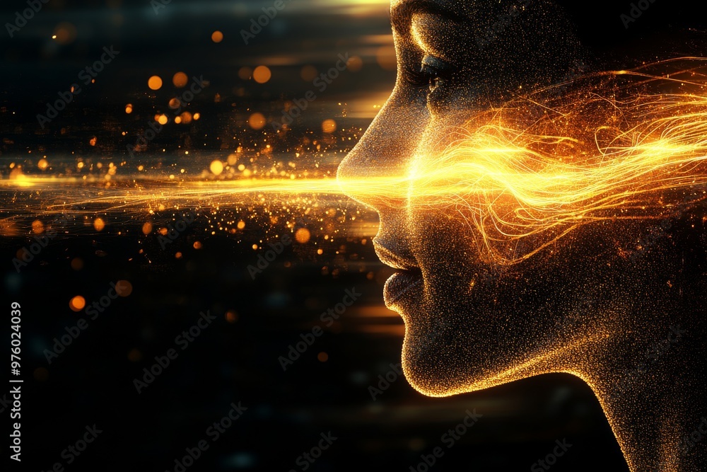 Poster profile of a woman dissolving into glowing neural waves symbolizing imagination creativity and futur